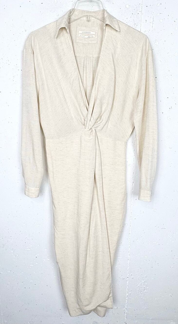 Anthropologie V-Neck Knot Front Midi Dress Linen Blend Button Cuffs Ivory Size 2